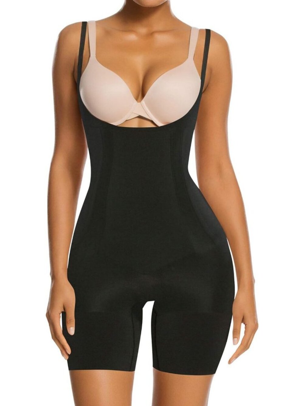 Open Bust Tummy Control Bodysuit Shapewear with Adjustable Straps & Mid-Thigh